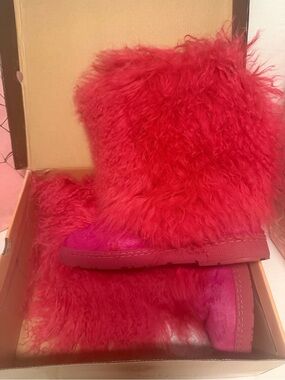 BearPaw Fuzzy Red Ankle Boots